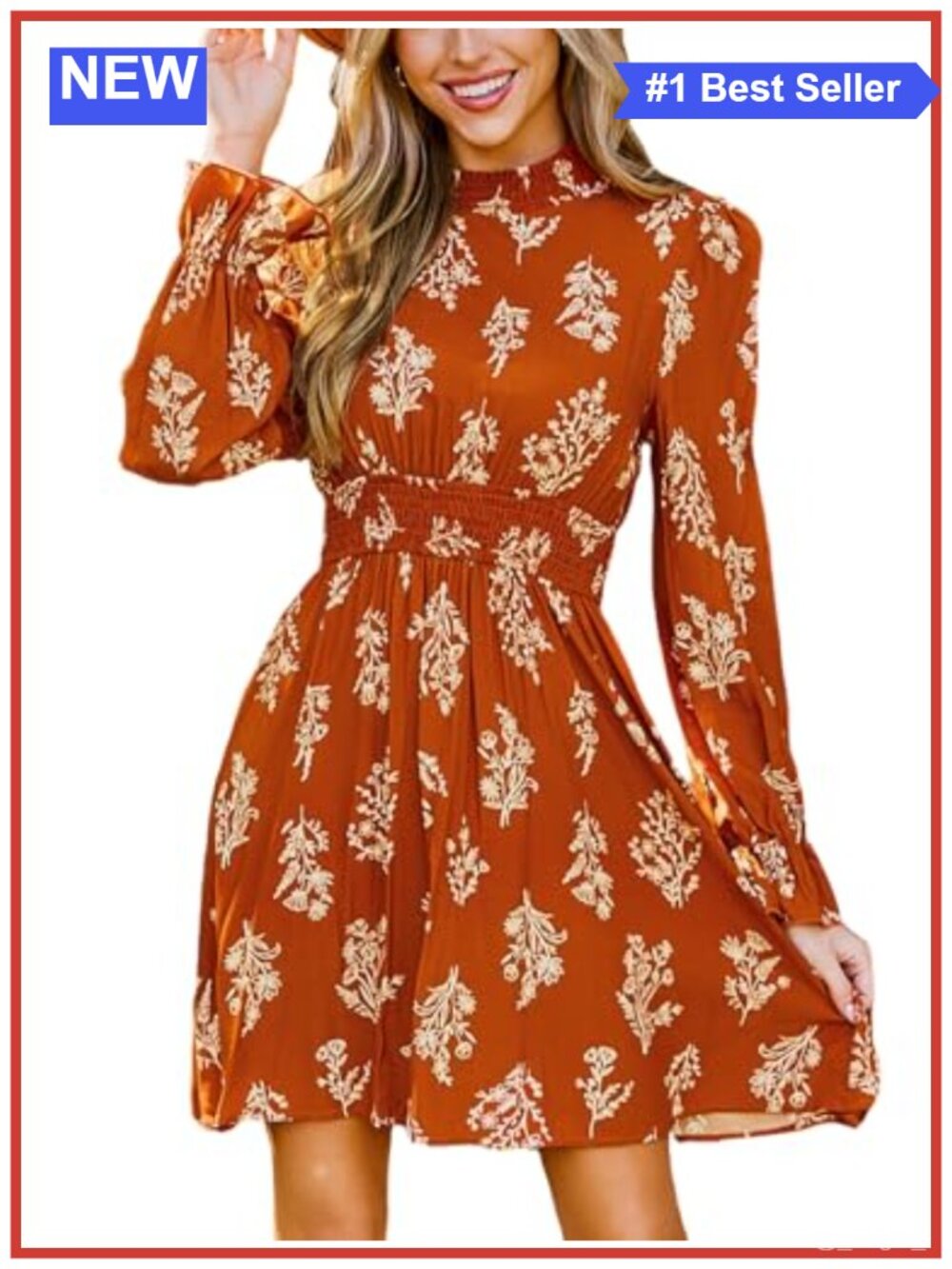 Smocked Mock Neck Floral Mini Dress Ruffle Long Sleeve A-Line